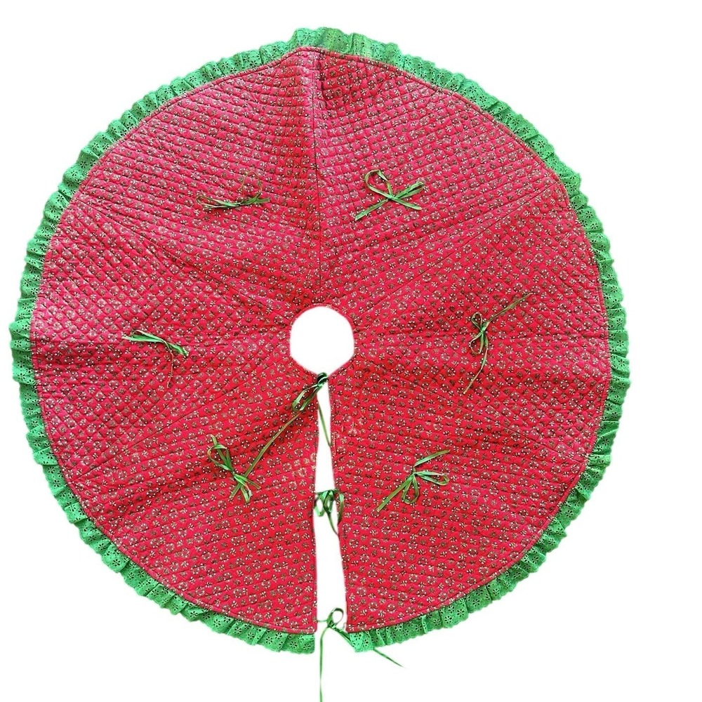 Handmade Homemade Christmas Tree Skirt Red‎ Green White Green Bows